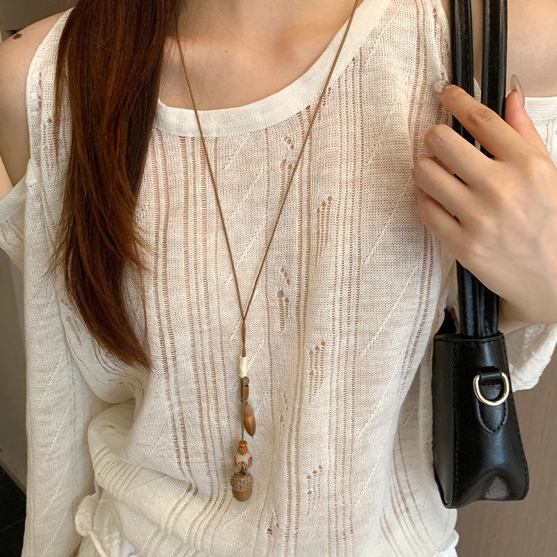 Hand-Woven Pine Nut Wood Bead Necklace - Chinese Retro Style Versatile Fashion Accessory