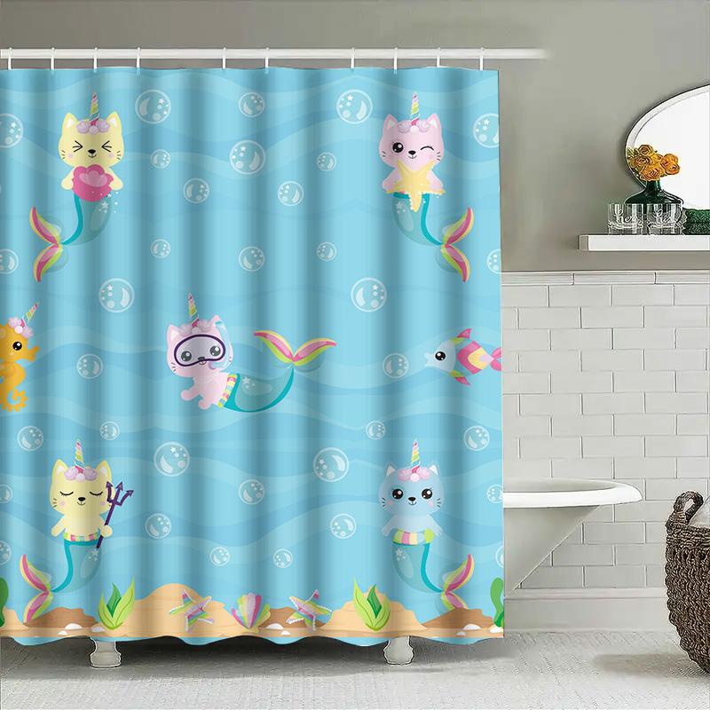 Modrý mořský panna sprchový závěs s potiskem jednorožce a kočky pro dětskou koupelnovou dekoraci, roztomilý design mořského života s bublinkami, látková sada koupelnové předložky (180x