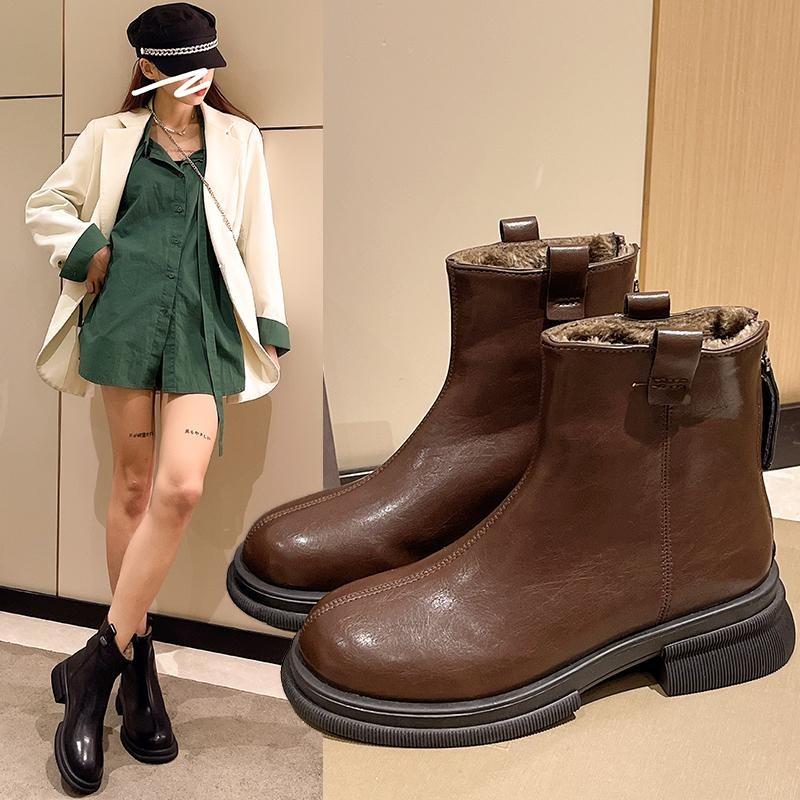 Novas Botas de Tornozelo Femininas Moda Feminina Salto Quadrado Sapatos de Salto Baixo Botas de Senhora Couro Mulher Salto Baixo Manter Quente Botas de Tornozelo