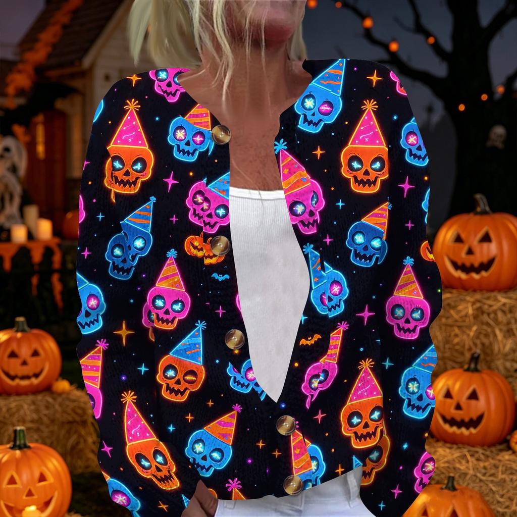 Women's Halloween Print Long Sleeve Knit Cardigan Button Front Sweater Coat Lightweight Casual Outerwear for Fall and Winter