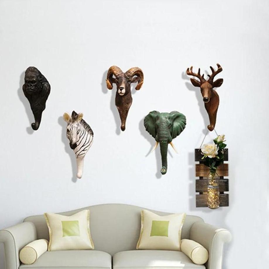 1 Pcs Retro Animal Model Decorative Hooks For Home Door Back Wall Hanging 3D Wall Art Resin Crafts