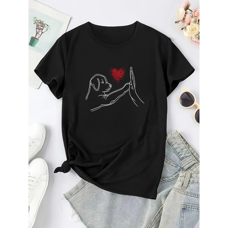 Women Y2K Puppy Heart Print T-Shirt Round Neck Short Sleeve Pet Lover All-Season Casual Machine-Washable Layering Top