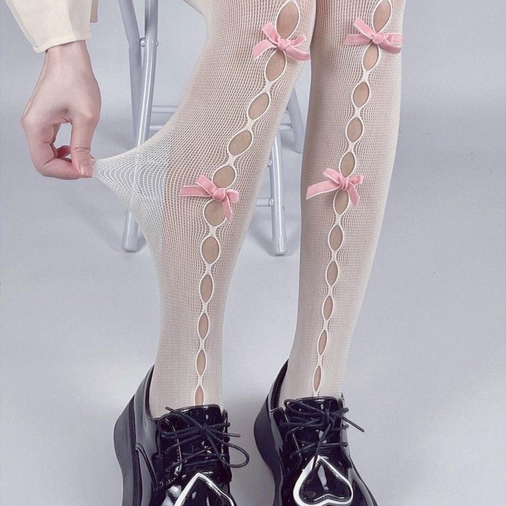 Schwarze Netzstrümpfe mit Schleife und Spitze für Damen im Frühlings- und Sommertrend, hohle Netz-Fußsocken.