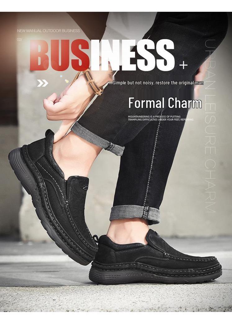 Men's Genuine Leather Slip-on Casual Shoes with Wear-Resistant MD Outsole and Frosted Cowhide Finish