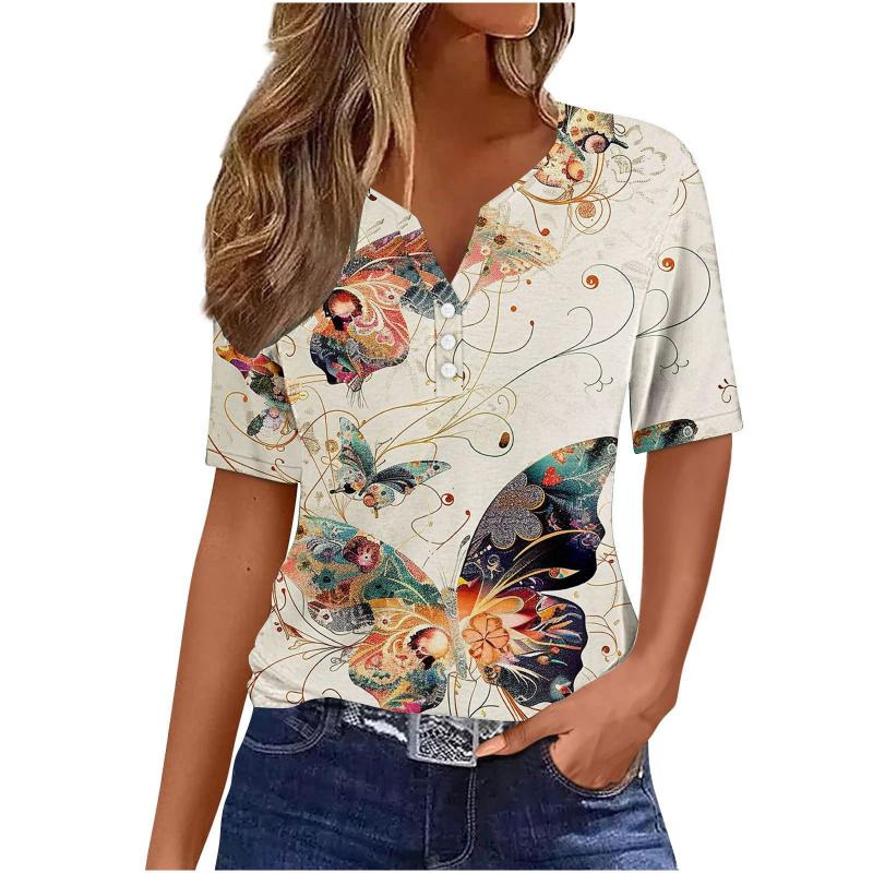 Summer Fashion 2026 New Women's Clothing 3D Butterfly Print V-Neck Three-Button Short Sleeve T-Shirt