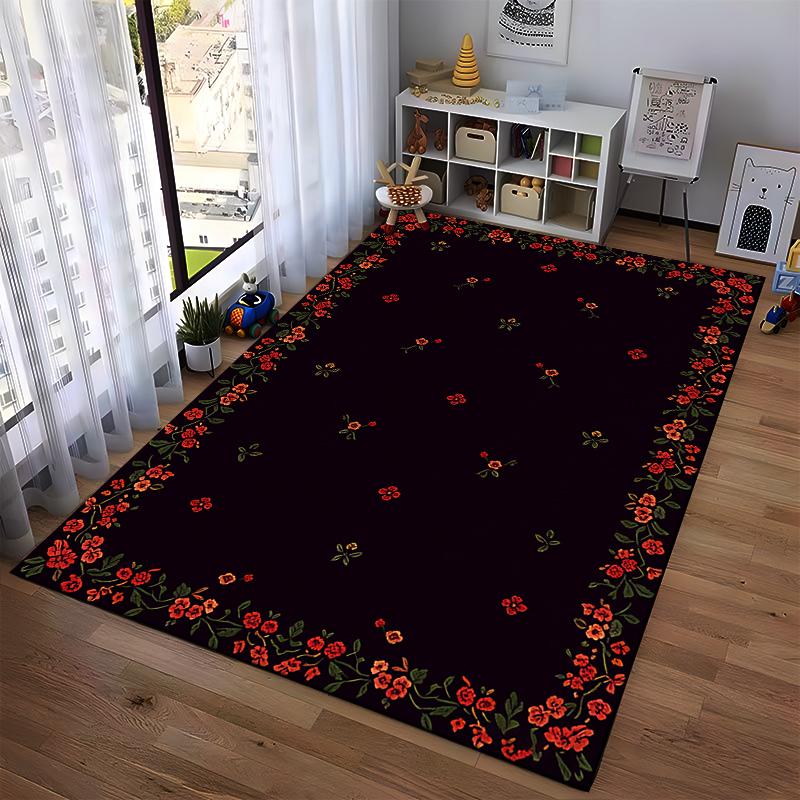 Floral Pattern Carpet with Red Flowers and Black Background, Modern Style Suitable for Use As an Anti-slip for Living Room Bedroom Sofas