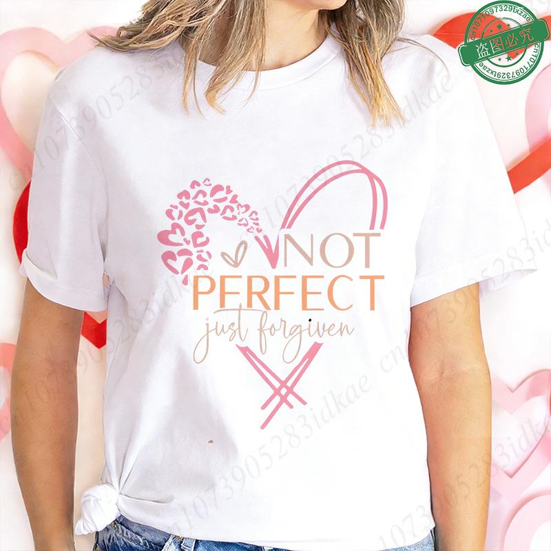 Nicht Perfekt Nur Vergeben T-Shirt für Damen Herz Kreuz Grafik T-Shirt Lässige Kurzarm O-Ausschnitt Oberteile Inspirierendes Christliches Geschenk