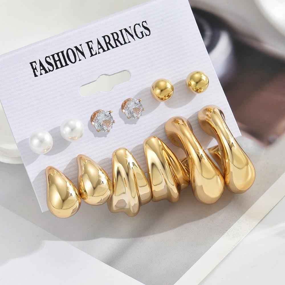 6pc Set Simple Personality Gold Color Irregular Geometry Water Drop C Shape Stud Earrings for Women Jewelry Sets Accessory Gifts