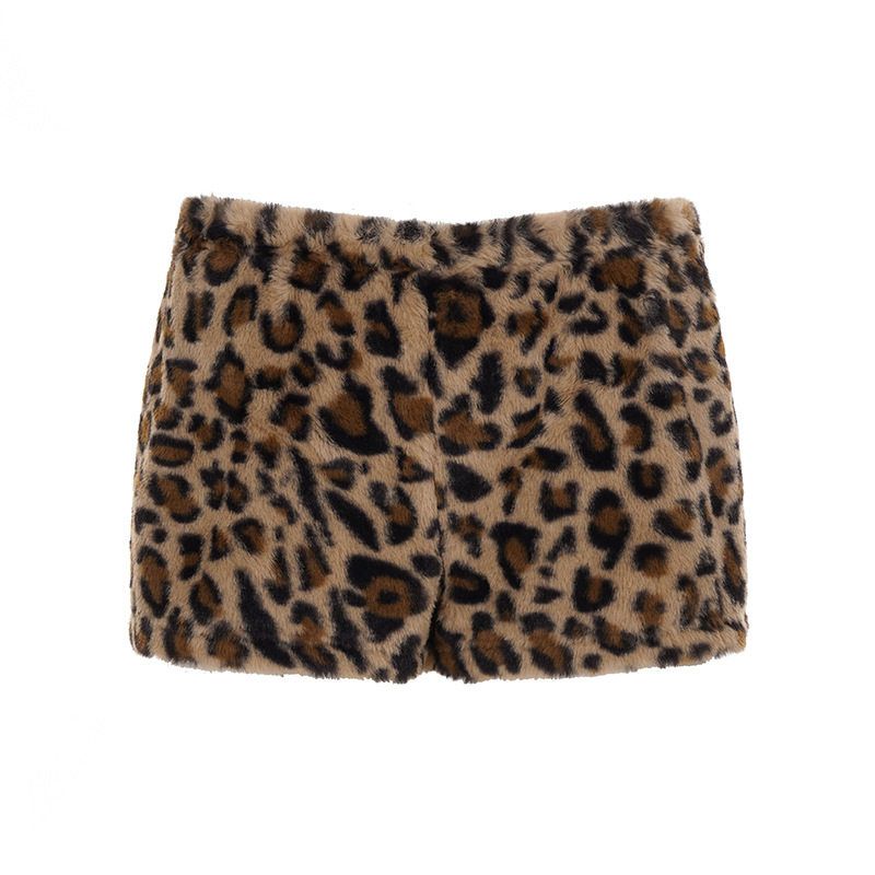 

American-Style Autumn Cross-Border Spicy Girl Sexy Style Fur Patchwork Off-Shoulder Leopard Print Long-Sleeve Top Base Shirt 3894 Shorts S