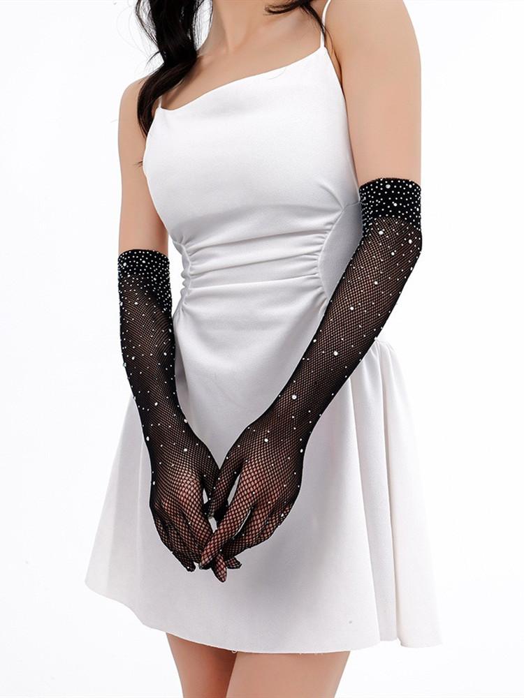 

Sexy Elastic Rhinestones Mesh Gloves Fishing Net Arm Sleeve Women Diamond Full Finger Thin Long Gloves role play Party Clothing One Size чорний