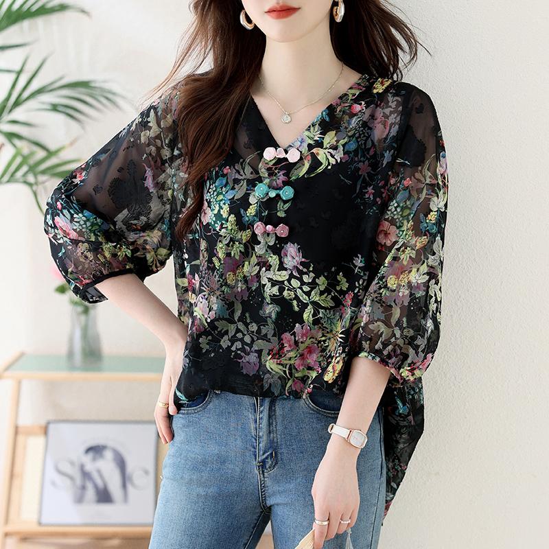 Dimanaf 2025 Women Summer Plus Size Shirt Blouse Long Sleeve Buttons Fashion Floral Tops Tees Loose New Blouse