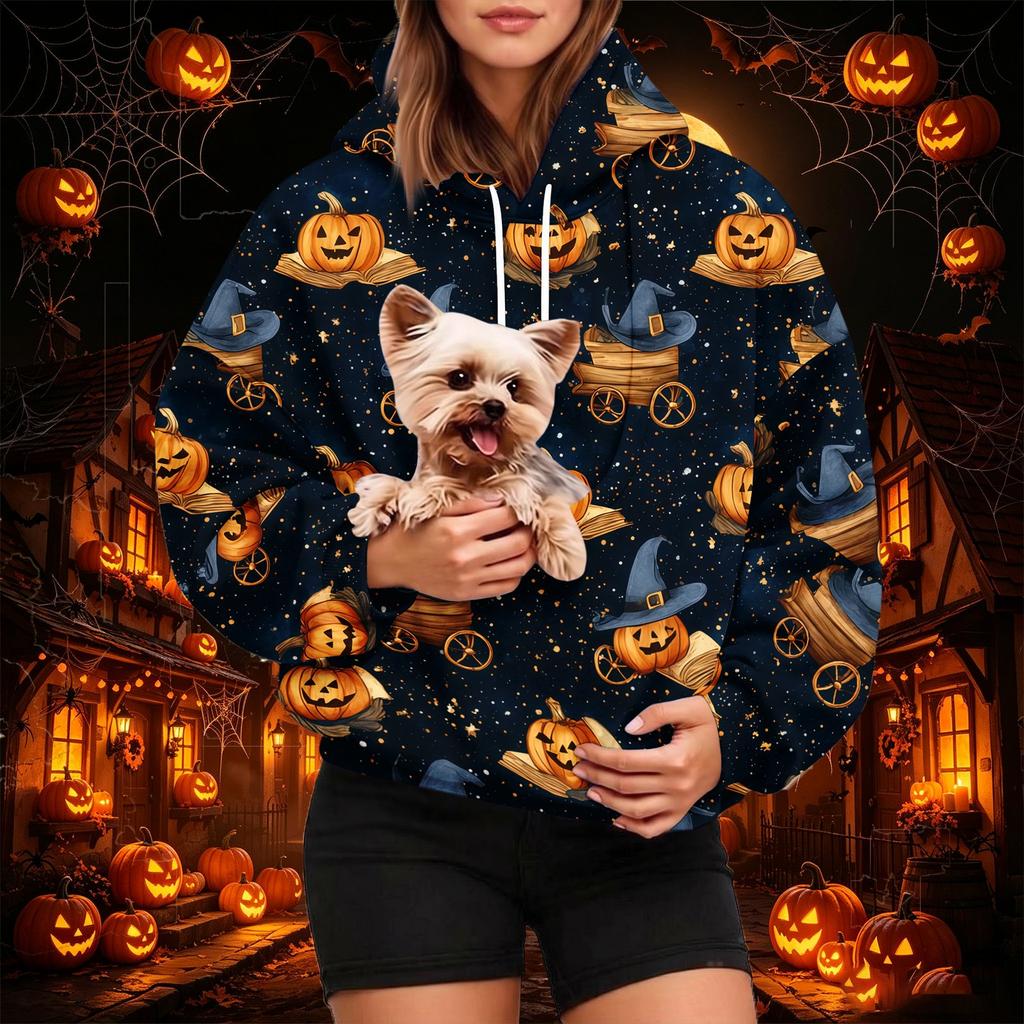 Damenmode Halloween-Print Hoodie mit Haustier-Tasche, Lässiger Pullover Sweatshirt