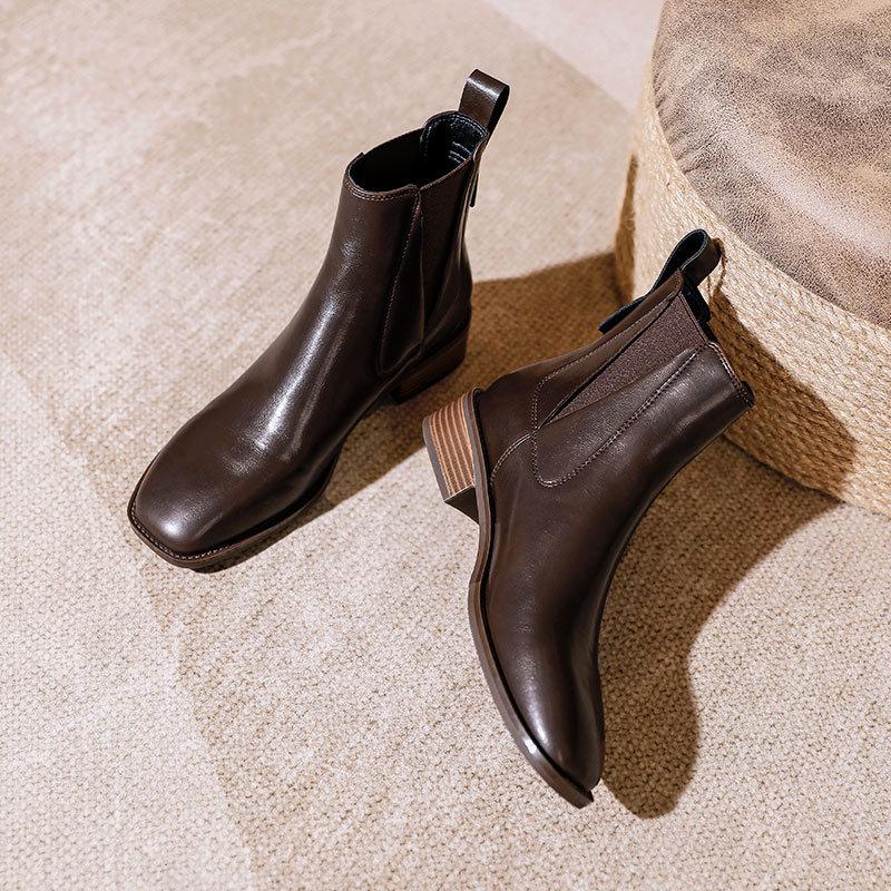 French Square Head Small Short Boots Thick Heel Elastic Boots 2025 New Autumn and Winter Low Heel Leather Boots Brown Thin Medium Boots