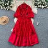 French retro court style dress women's autumn bead lapel lantern sleeve three-dimensional flower mesh dress