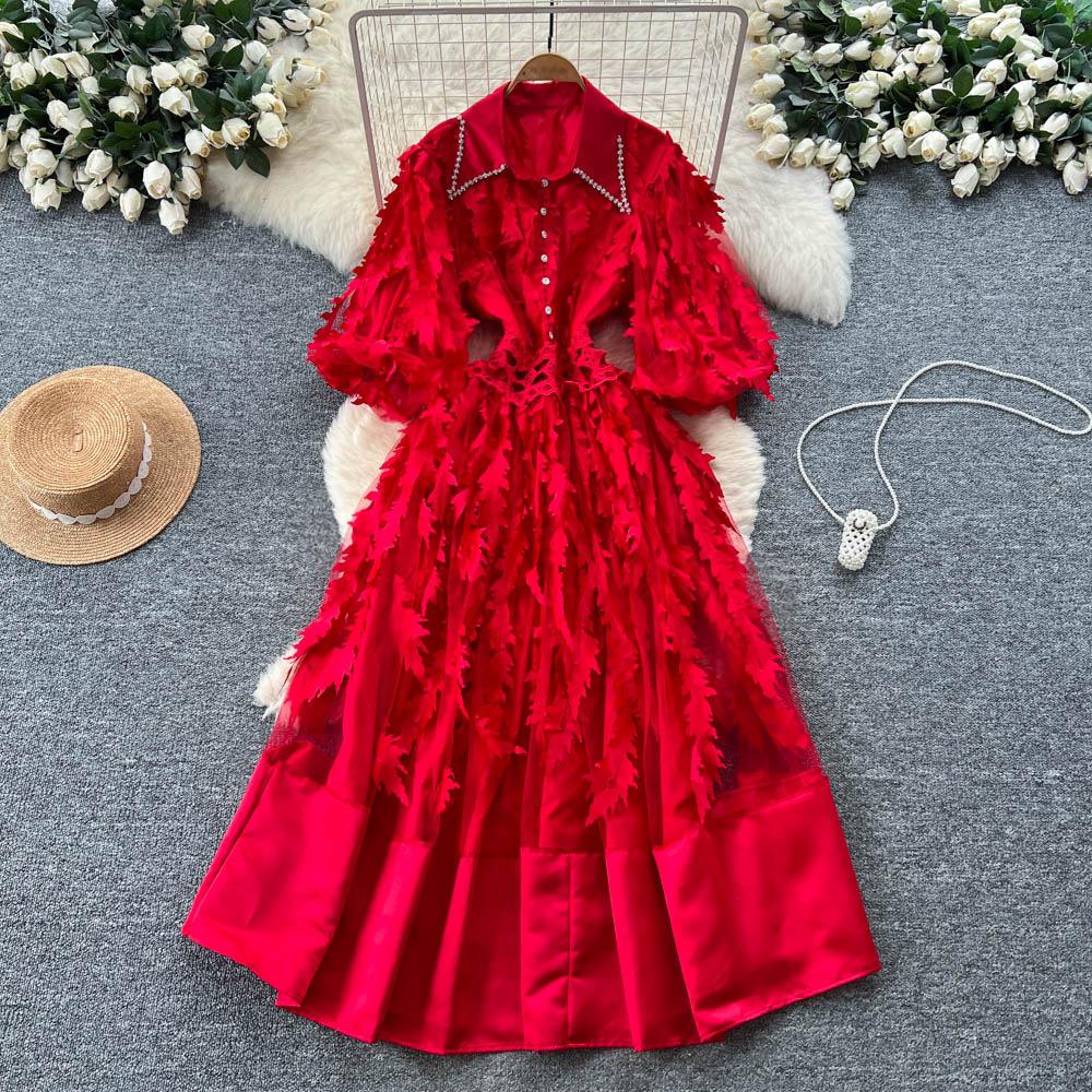 French retro court style dress women's autumn bead lapel lantern sleeve three-dimensional flower mesh dress