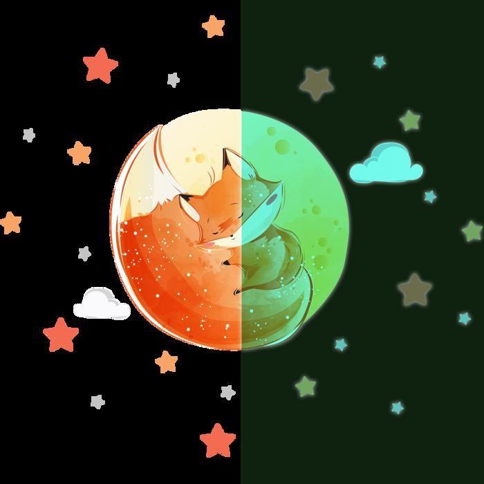 Sticker phosphorescent lumineux - RENARD RÊVEUR + 50 ÉTOILES - Autocollant mural plafond enfant fluorescent - 30x40cm