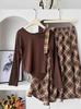 2025 Early Autumn Women's Casual Long-Sleeve T-Shirt & High-Waisted Plaid Skirt Set