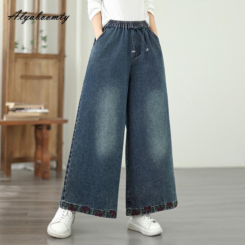 

Женские джинсы больших размеров на осень-весну, с высокой талией, на кулиске, с цветочной вышивкой, классические джинсовые брюки, винтажные, стильные, мешковатые XXL