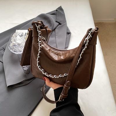 Sac fourre-tout vintage de grande capacité, sac à bandoulière simple et solide, sac à main à chaîne en cuir souple texturé haut de gamme