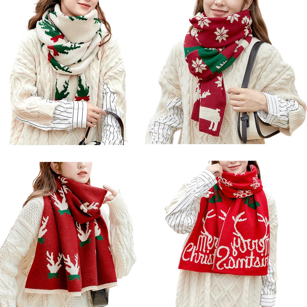Women Christmas Scarf Deer Pattern Knitted Scarf Thick Neck Warmer Bufanda Long Windproof Soft Scarf For Winter