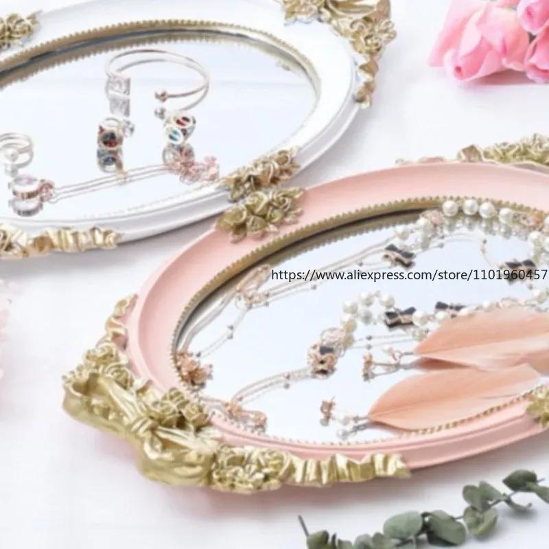 Retro Resin Storage Tray European Creative Relief Mirror Tray Fruit Plate Wedding Dessert Table Home Decor Jewelry Storage Tray