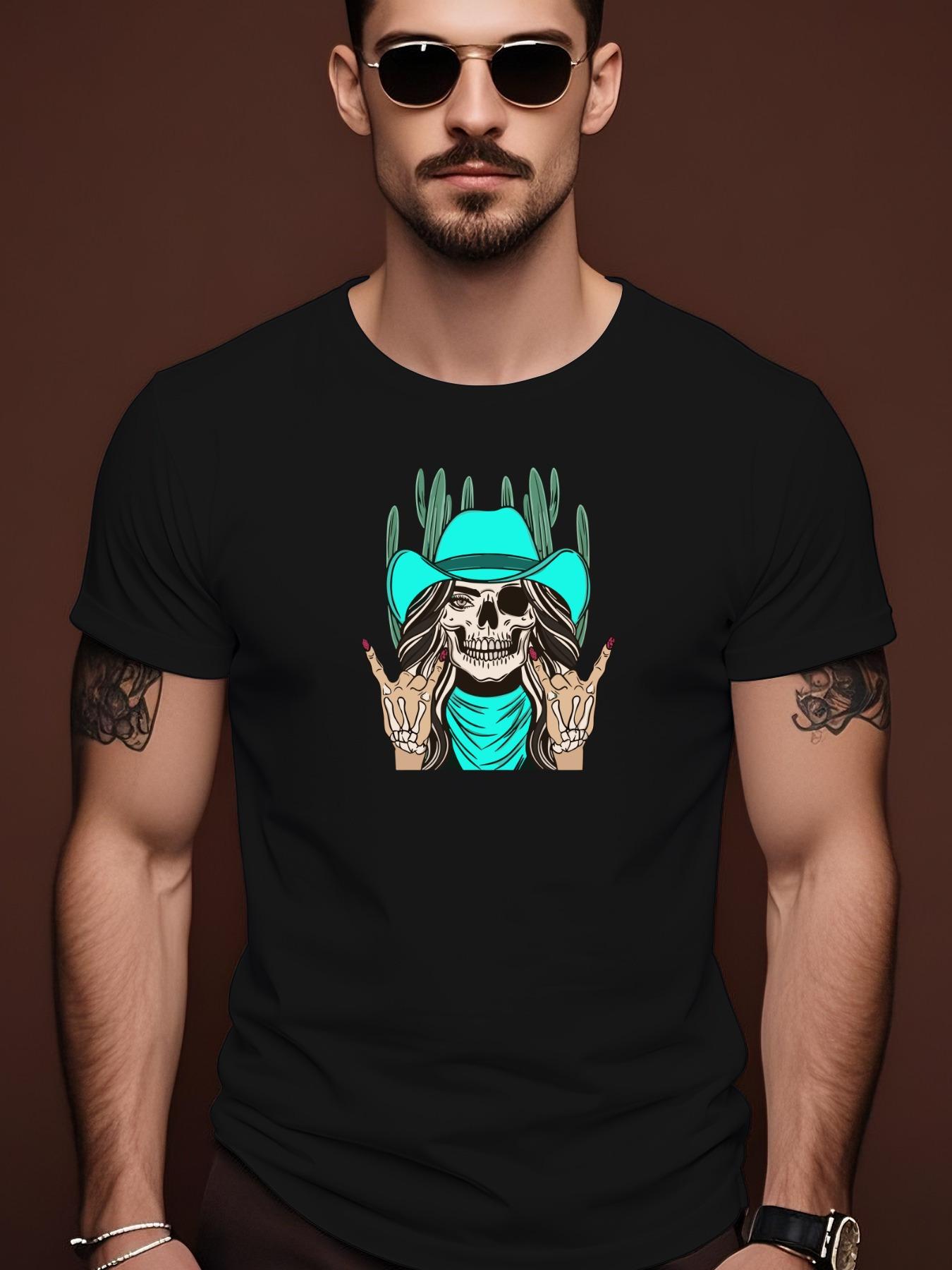 Short Sleeve Graphic Tshirt - Edgy Skull Cowboy Print XXXXL