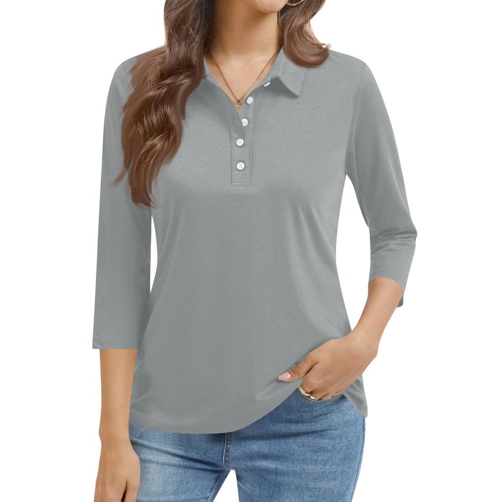Women's Fashion Casual Lapel Short 3/4 Sleeve Color Shirt Women's Button Up Tops