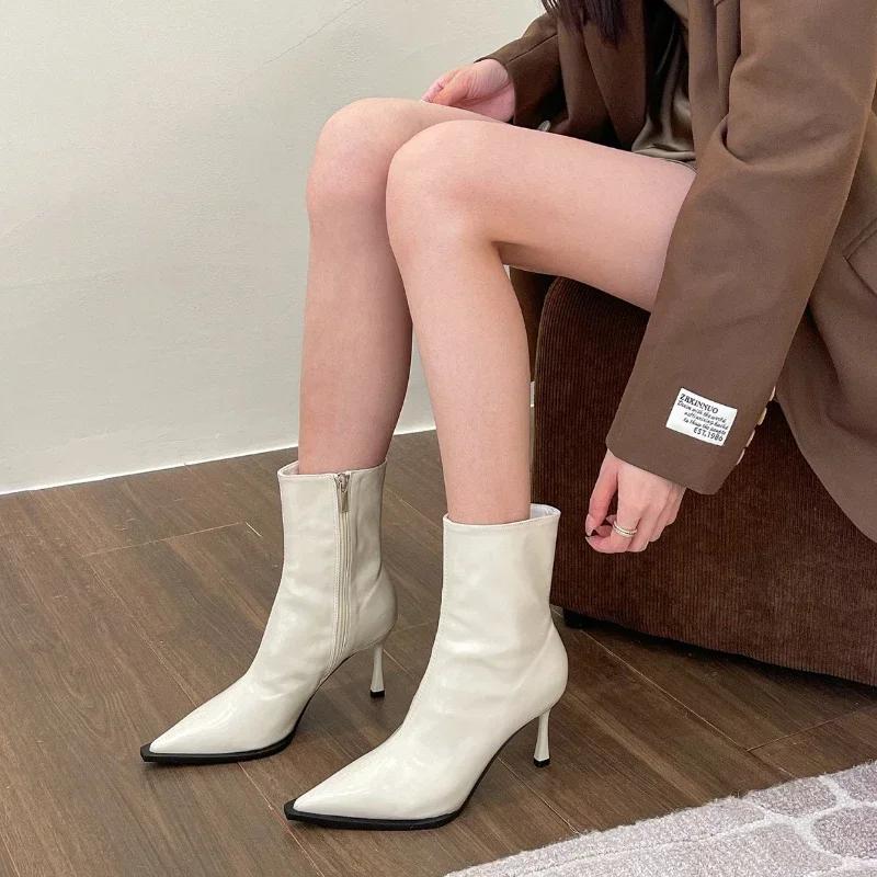 Fashion Women's Sexy Pointed Toe Ankle Boots Vintage Autumn New Fashion High Heels Patent Leather Skinny Boots Women Brown Short Booties