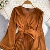 YYFS Abiti casual a vita alta con scollo a V a maniche lunghe con stampa tinta unita primavera autunno moda donna