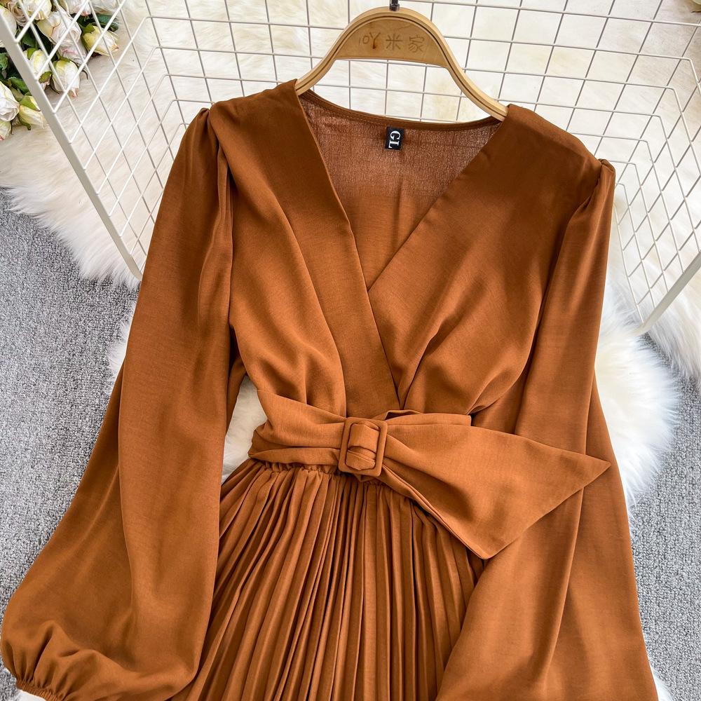 YYFS Abiti casual a vita alta con scollo a V a maniche lunghe con stampa tinta unita primavera autunno moda donna