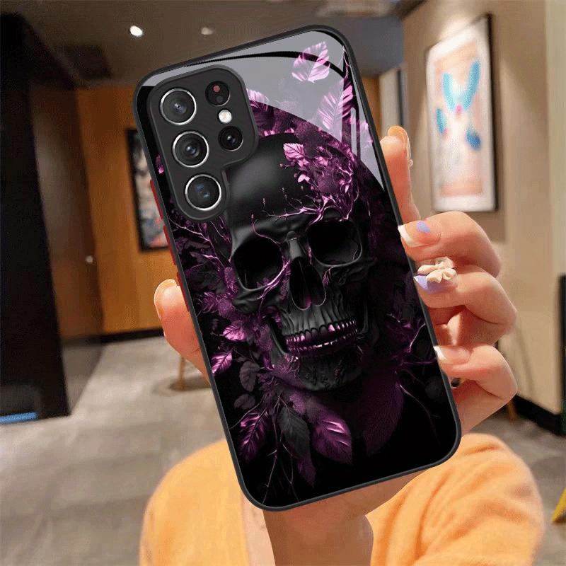 Purple Leaf Skull Pattern Glass Phone Case Suitable for Samsung for Galaxy S26 S25 S24 S22 S21 S20 FE Ultra Plus 5G Anti Drop