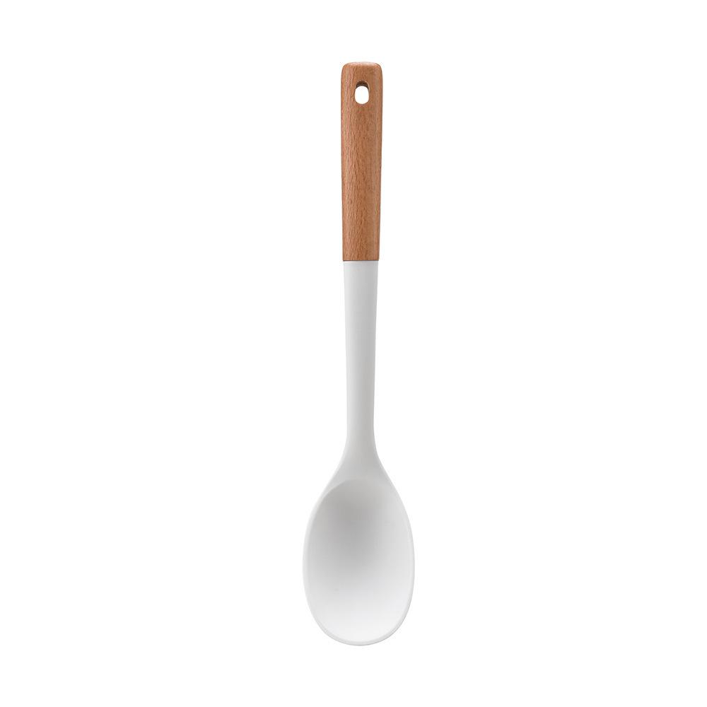 Wooden Handle 8-Piece Silicone Kitchen Utensil Set: Heat Resistant, Non-Stick Silicone Ladle, Spatula, Slotted Spoon with Storage Bucket.