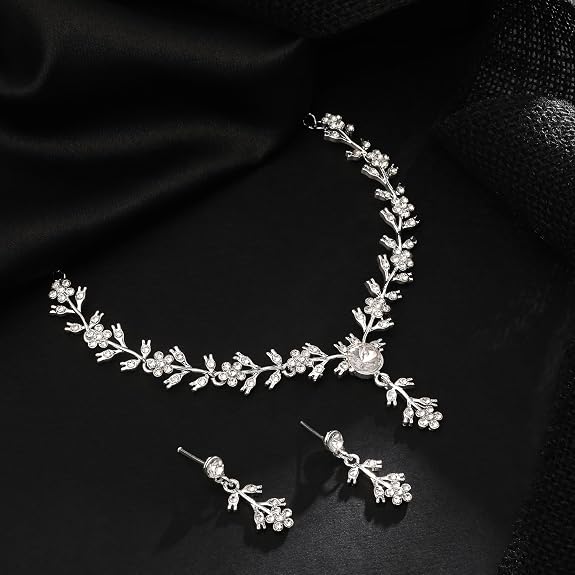 American Diamond Style Silver Plated Necklace with Earrings Jewellery Set for Women – Perfect for Party, Wedding, and Engagement