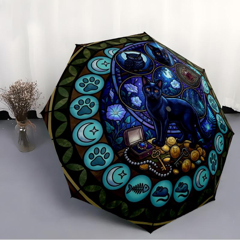 Night Cats Treasure pattern umbrella, portable and foldable design, 8 ribs, a casual accessory for Halloween, Christmas, and birthday gifts.