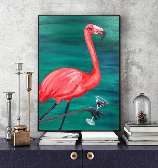 Nordic Posters and Prints Pink Flamingo Green Leaves Canvas Painting Wall Art Animal Pictures for Living Room Cuadros Home Decor