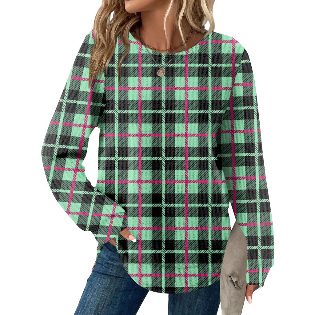 Women's Plaid Print Round Neck Long Sleeve Casual Loose Top