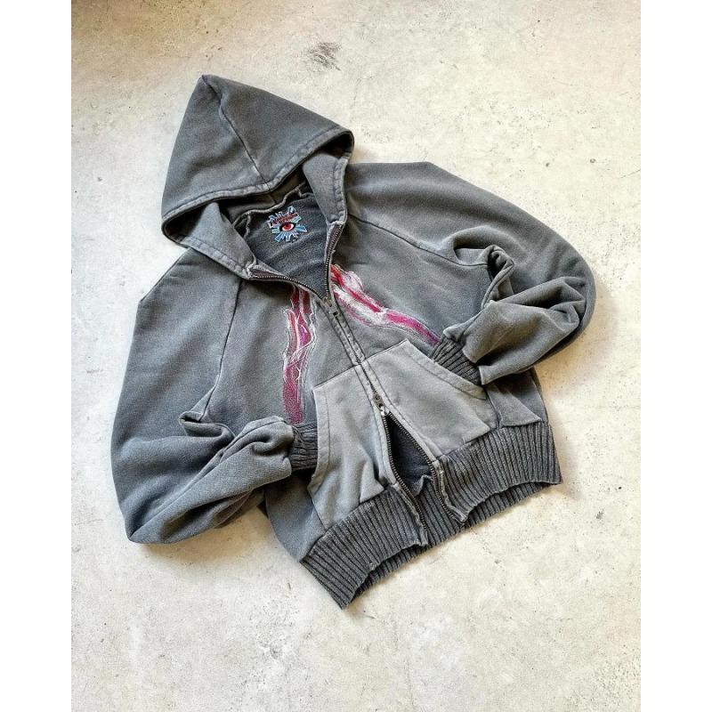 Harajuku Plum Tree Embroidered Oversized Pink Zipper Hoodies For Men and Women Y2K New Gothic Fashion Retro Street Sweatshirts