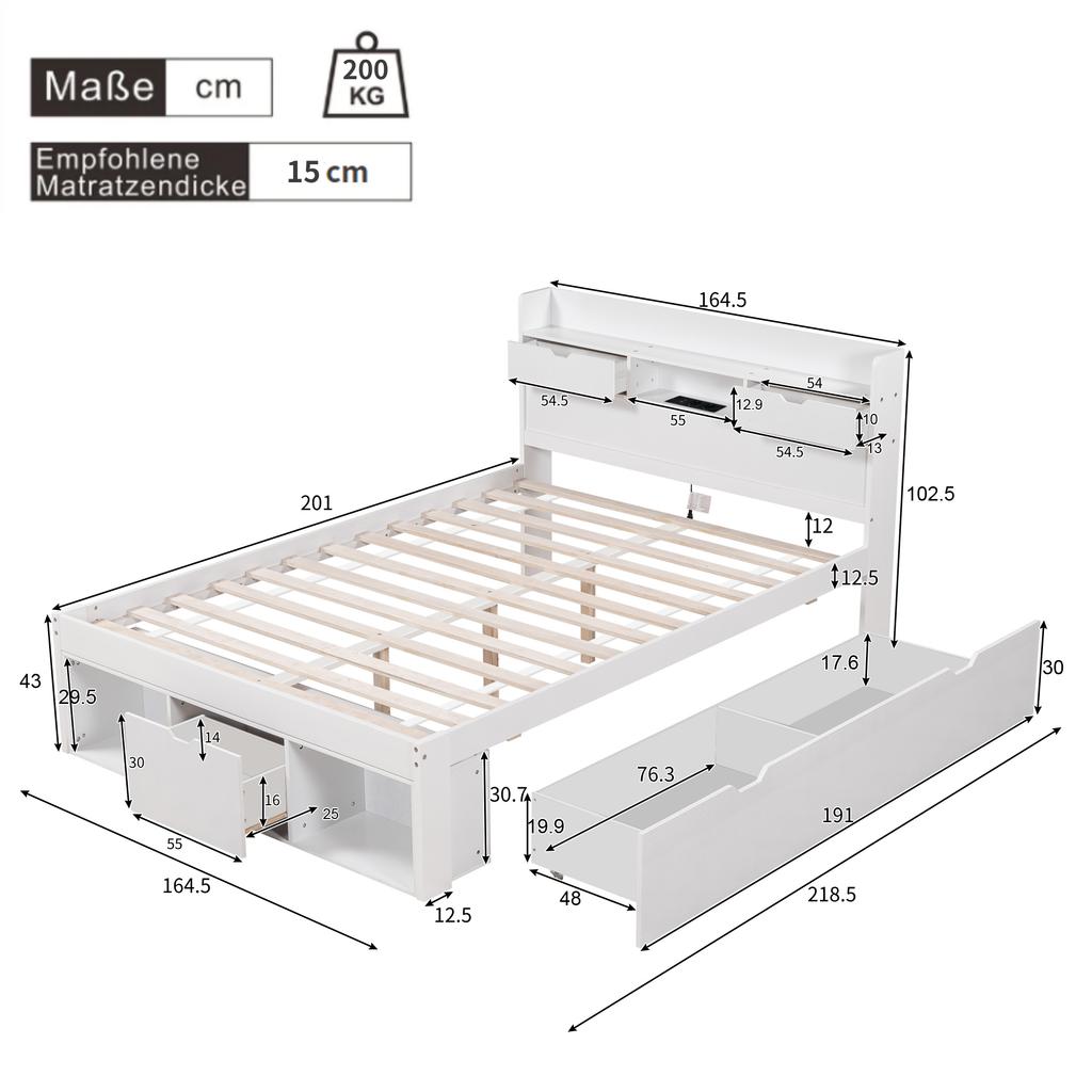 Doppelbett, 160*200cm, Mit USB-Anschluss & Schubladen & Aufbewahrungsschrank, Kinderbett, Multifunktionsbett, Großer Stauraum, ohne Matratze, Weiß