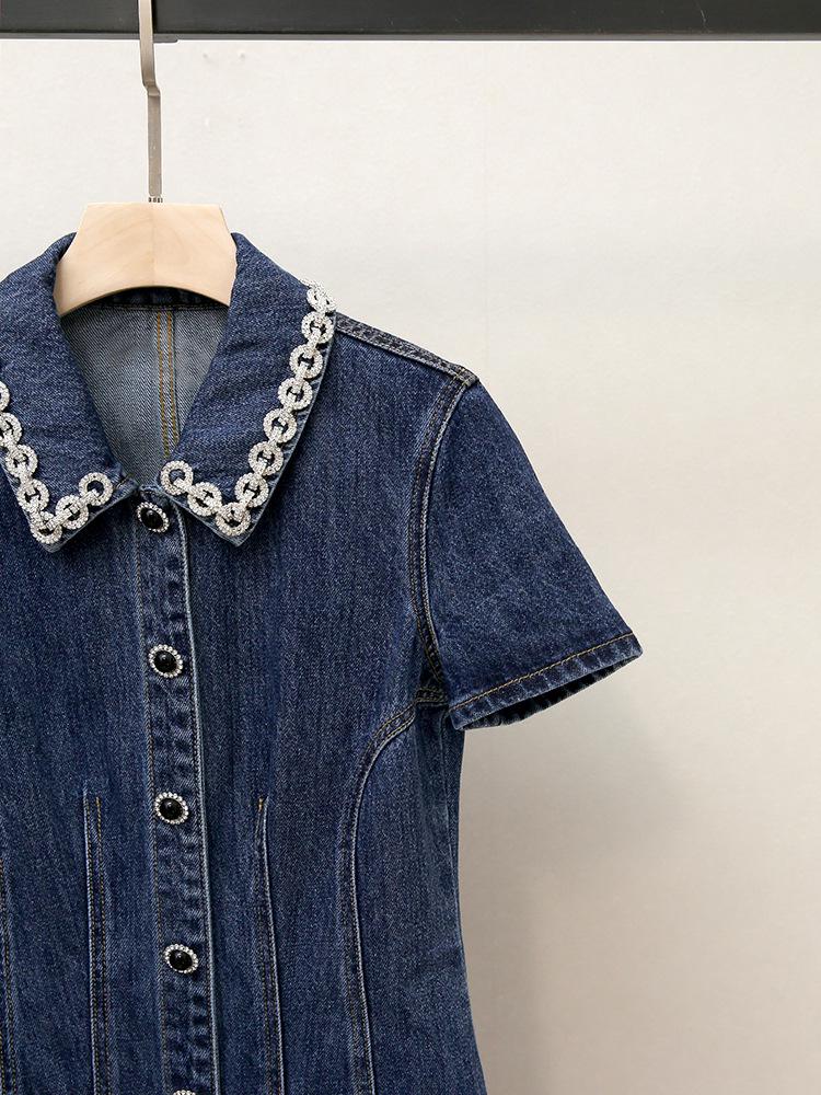 Women's Autumn French Style Rhinestone Turn-Down Collar A-Line Denim Dress