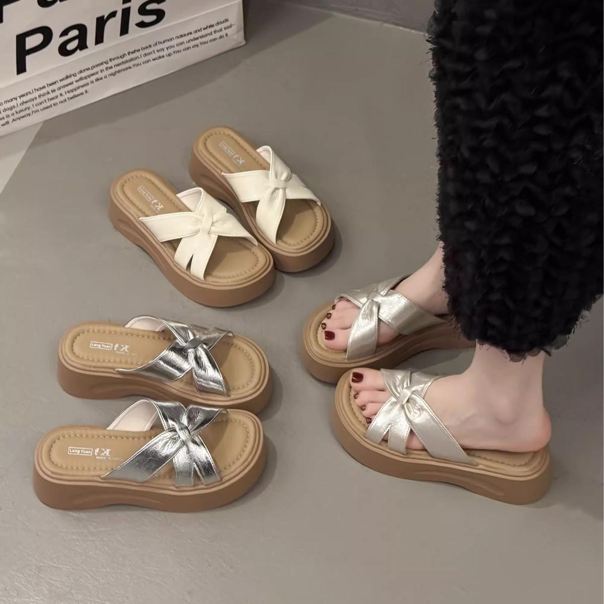 Thick-soled heightening silver cool slippers women s summer wear new high-end Boken one-word sandals 34 4466₽