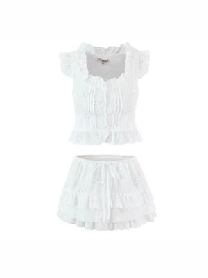 Women's Embroidered Lace Flutter Sleeve Top & Drawstring Cake Skirt Set