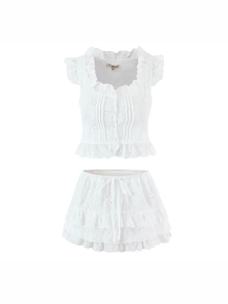 Women's Embroidered Lace Flutter Sleeve Top & Drawstring Cake Skirt Set