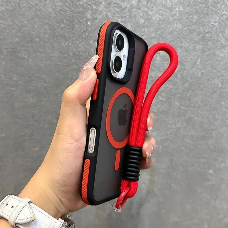 Luksusowe etui na telefon z smyczą, MagSafe, matowe, do iPhone 16 15 14 13 12 11 Pro Max 16 15 14 Plus, magnetyczny zderzak, tylne osłony