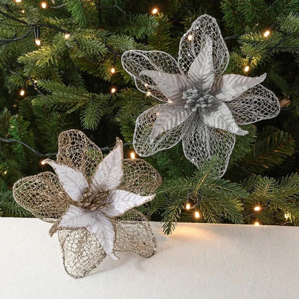 New 23cm Poinsettia Glitter Flower Xmas Hanging Ornaments DIY Christmas Flowers Artificial Xmas Tree Decorations Party Supplies
