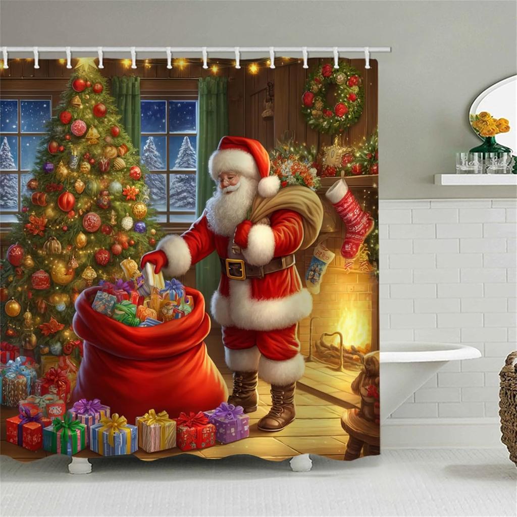 Fabric Christmas Shower Curtain Set- Vintage Xmas Tree Fireplace Winter Holiday Bath Bathroom Decor Curtain Polyester,Washable