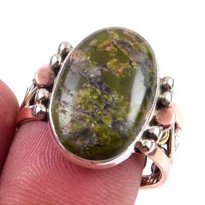 Natural Unakite Gemstone Handmade 925 Sterling Silver Two Tone Ring Size 9 q2R40