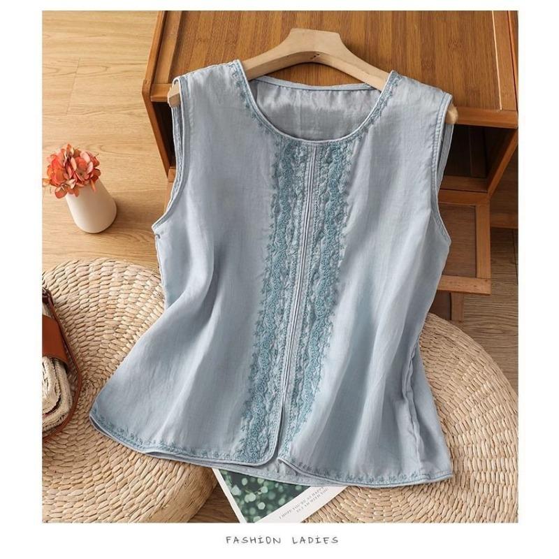 Retro Old Money Style Embroidered Linen Vest Women's Sleeveless Summer Inner Top