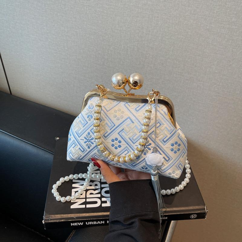 Small Bag Women's New Summer Fashion Mouth Gold Bag High-end Pearl Chain Messenger Bag