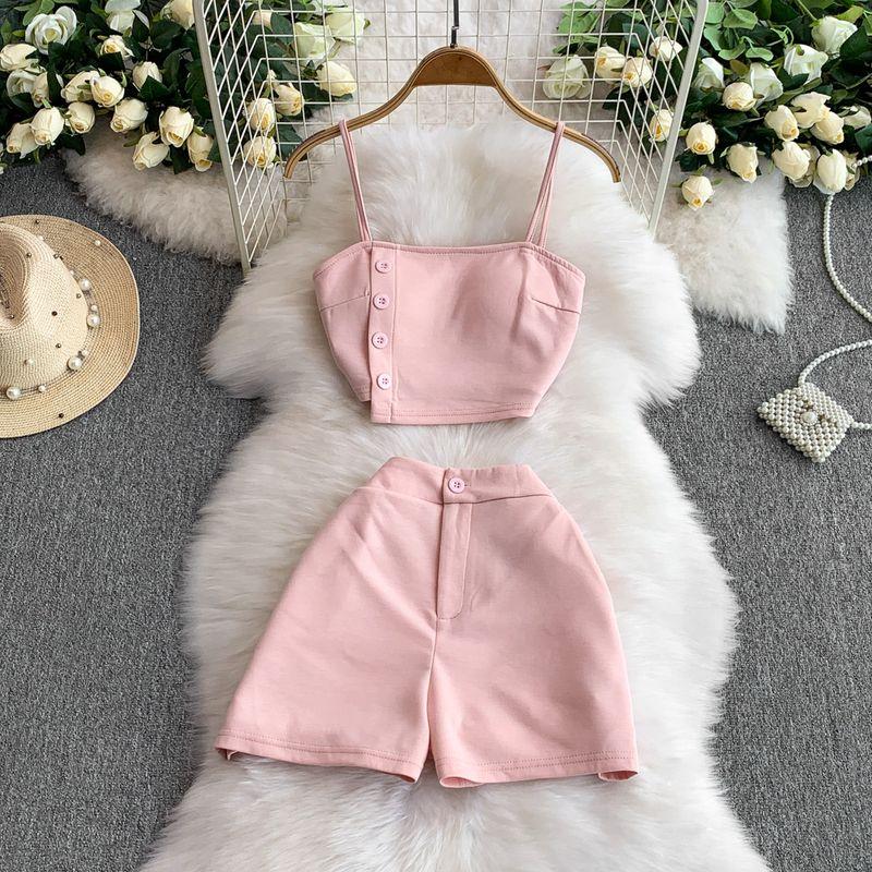 

Стиль Чистого Желания Сексуальный Короткий Топ-Ками На Пуговицах Сбоку с Подушечками для Груди Комплект из Двух Предметов Шорты с Завышенной Талией и Эффектом Похудения Pink One size