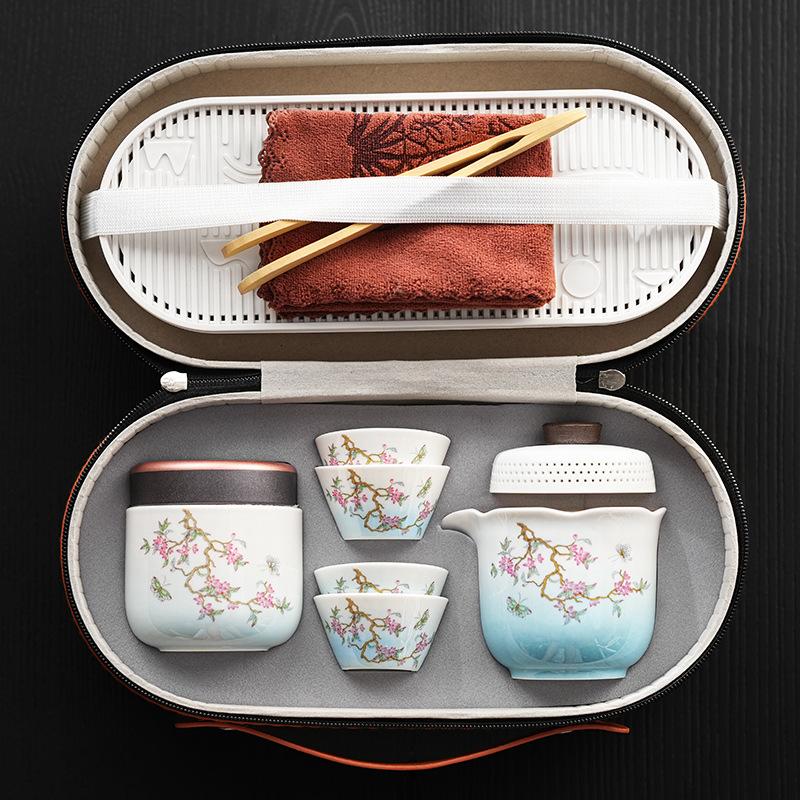 

Высококачественный фарфоровый чайный сервиз Дэхуа цвета бараньего жира с градиентным переходом в синий, набор «Цветы глицинии», новый китайский портативный чайный сервиз для предприятия